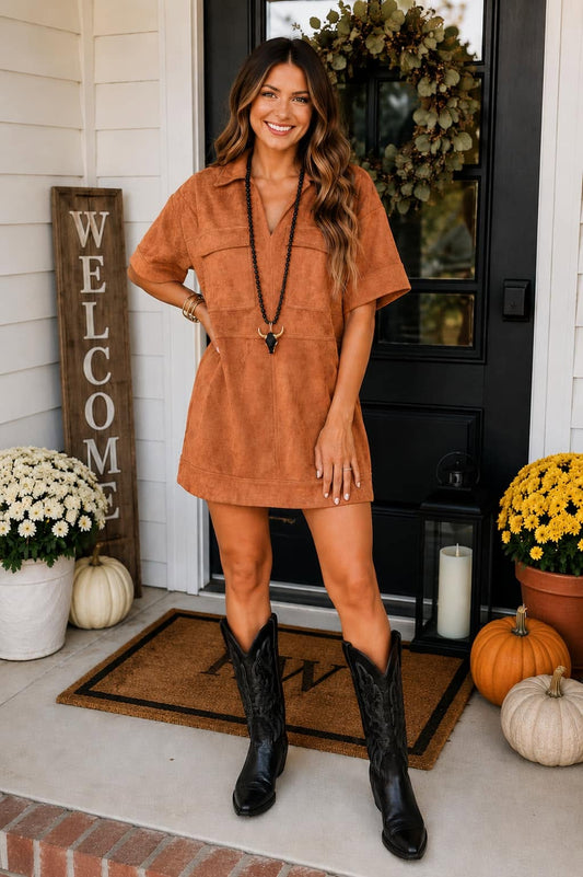V Neck Suede Mini Dress