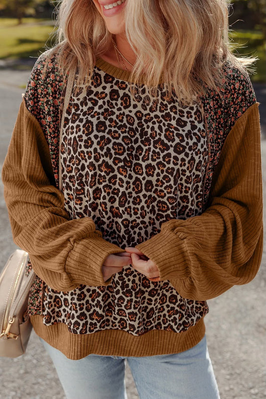 Brown Leopard Floral Pullover
