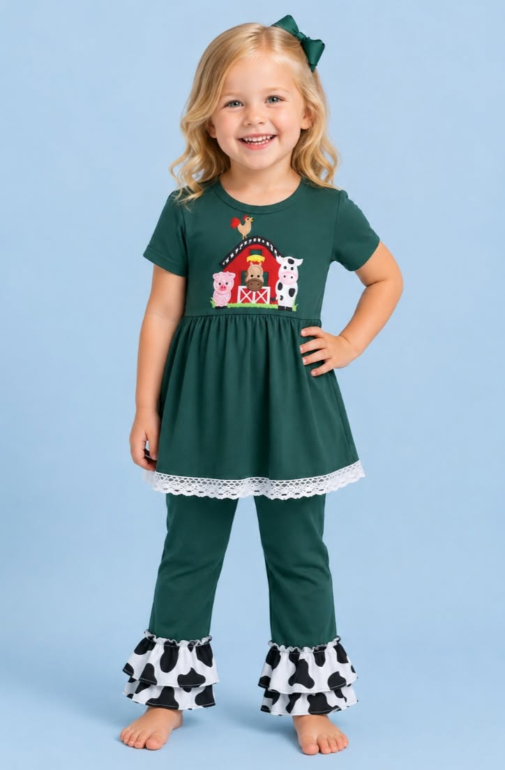 Green Barnyard Ruffle Cowprint Pant Set
