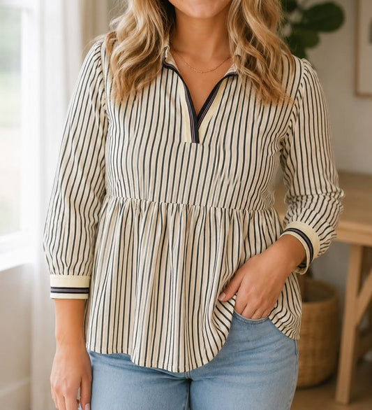 PLUS Black Stripe V Neck Blouse