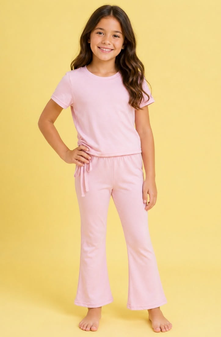 Pink Drawstring Knotted Short Sleeve Lounge Set