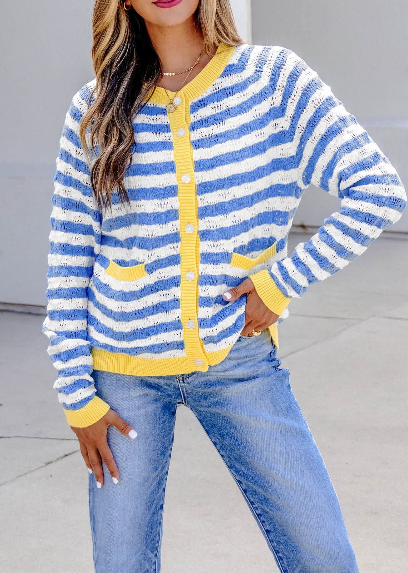 Blue Stripe Yellow Trim Cardigan
