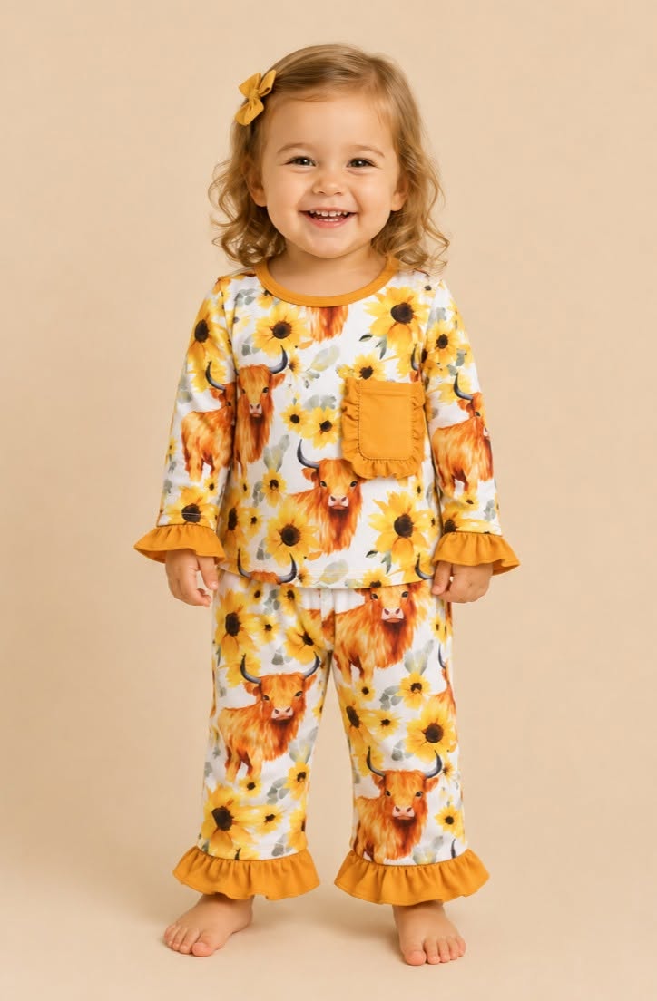 Highland Cow Sunflower Ruffle Pants Set