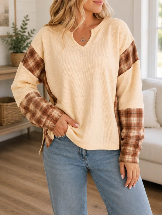 Beige Waffle Plaid Top