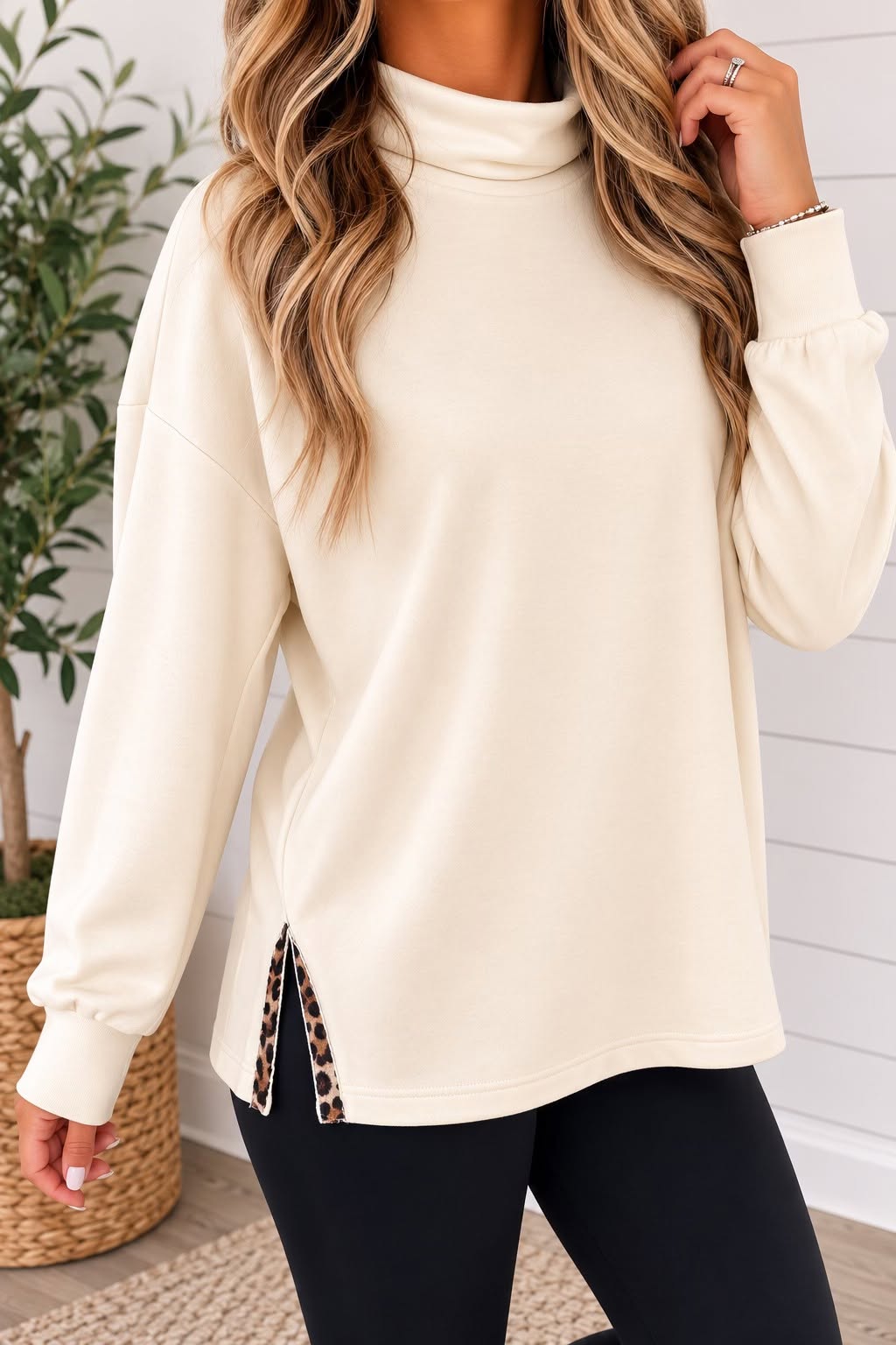 Beige Mock Neck Split Hem Top