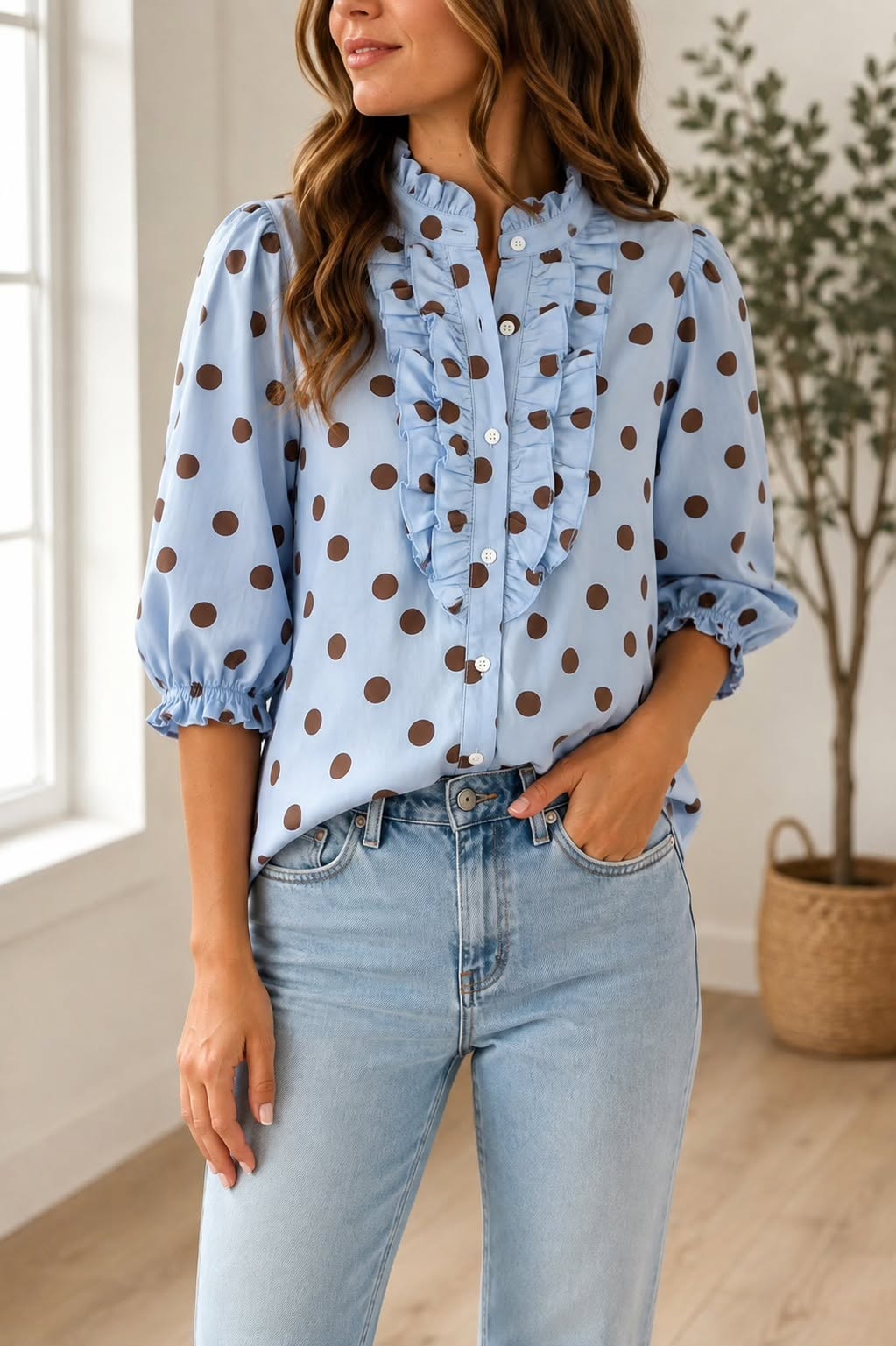 Blue Polka Dot Ruffle Shirt