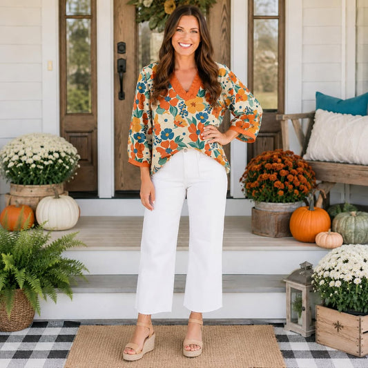 Orange Floral Frilled Blouse Outfit
