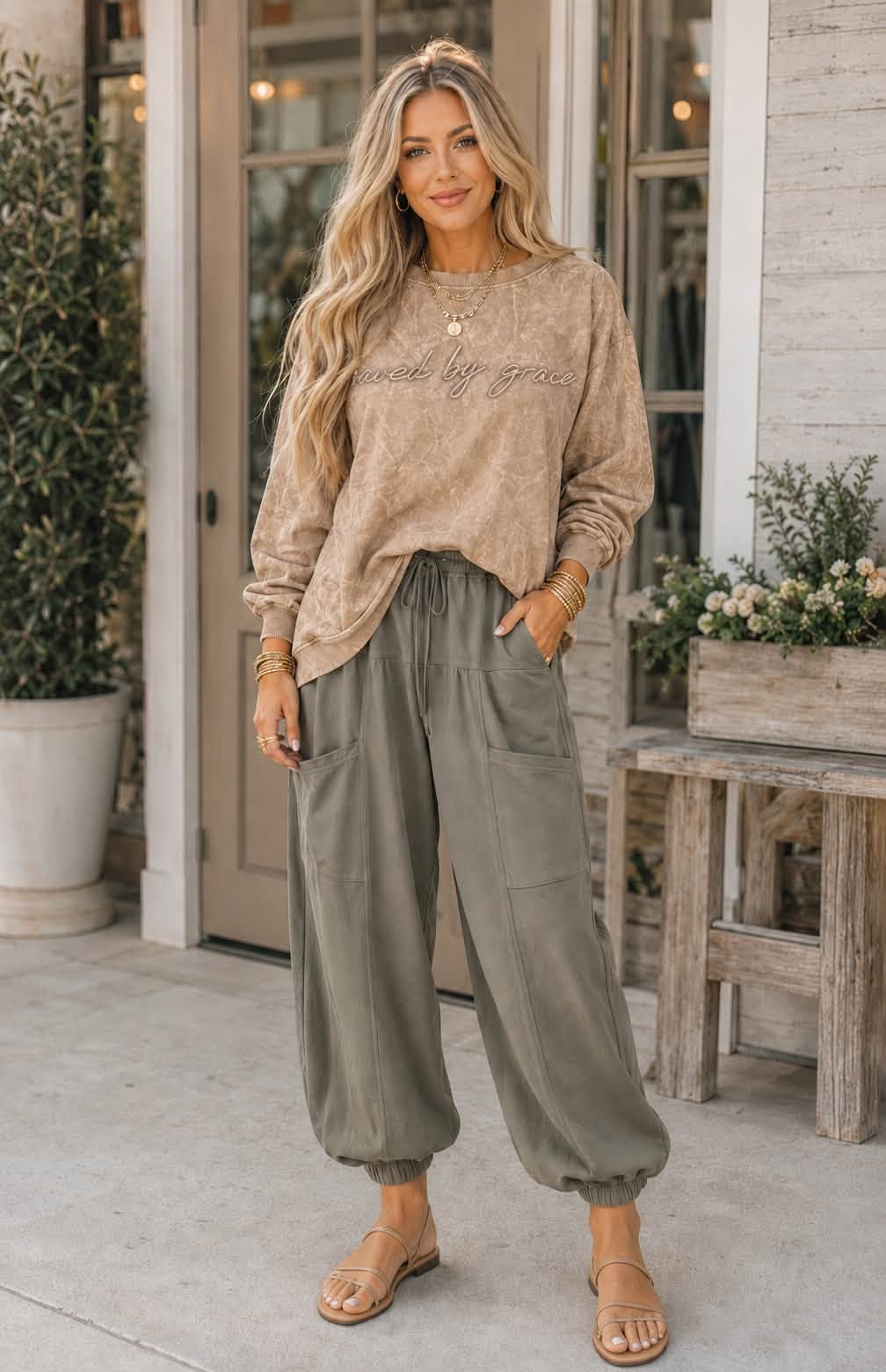 Saved By Grace Embroidery Sweatshirt Outfit