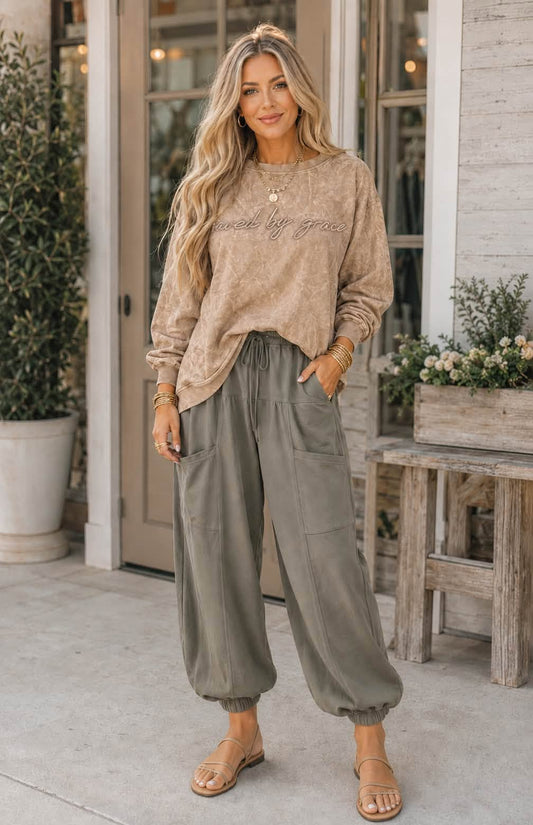 Saved By Grace Embroidery Sweatshirt Outfit