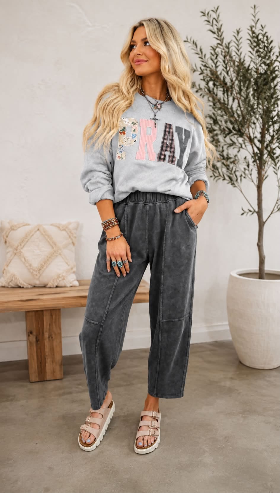 Gray Floral Pray Sweatshirt Outfit