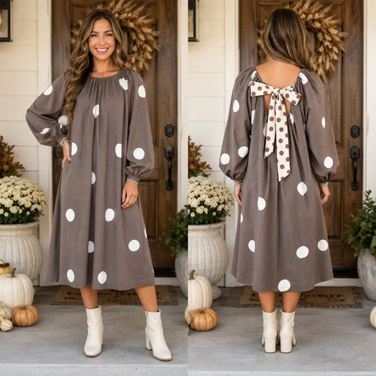 Brown Polka Dot Bow Back Midi Dress
