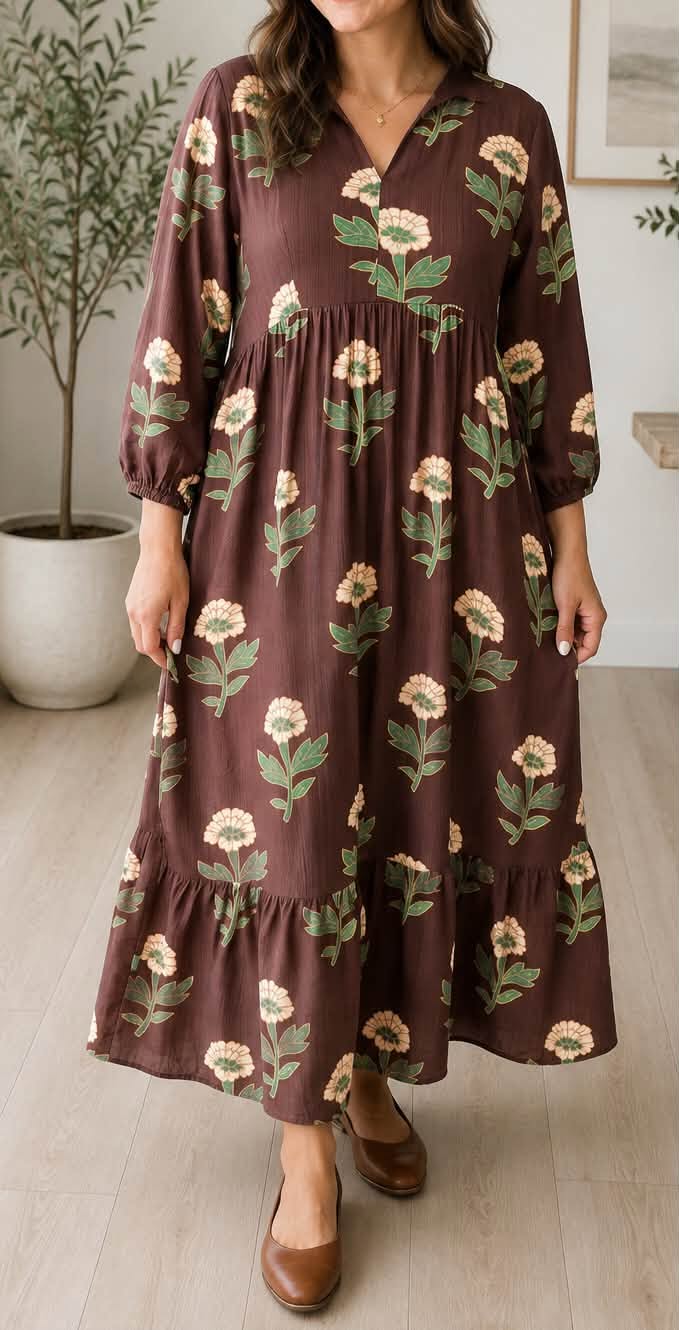 PLUS Brown Floral V Neck Dress