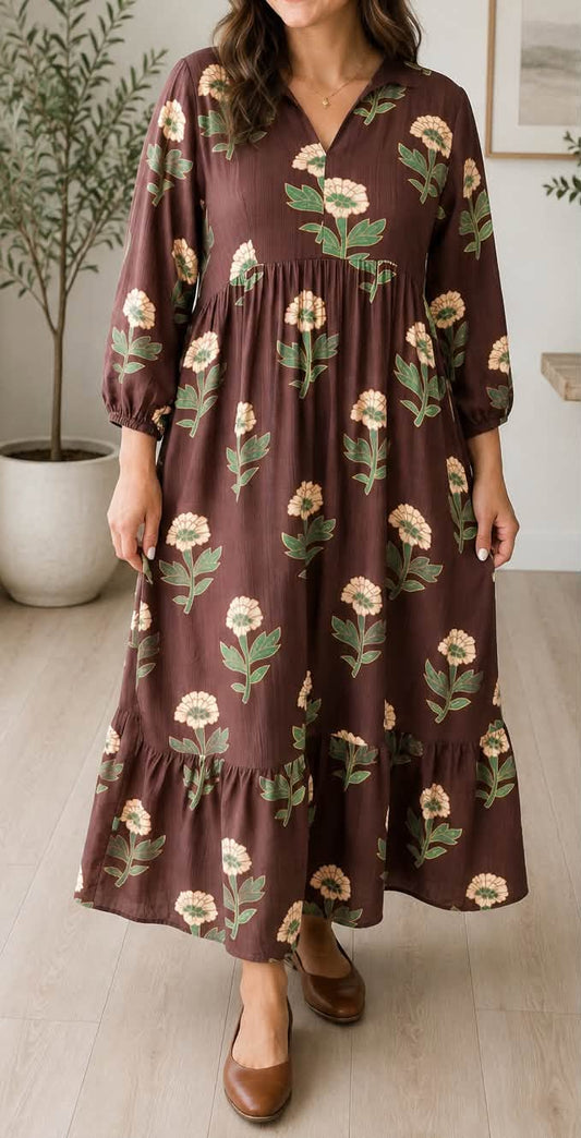 PLUS Brown Floral V Neck Dress