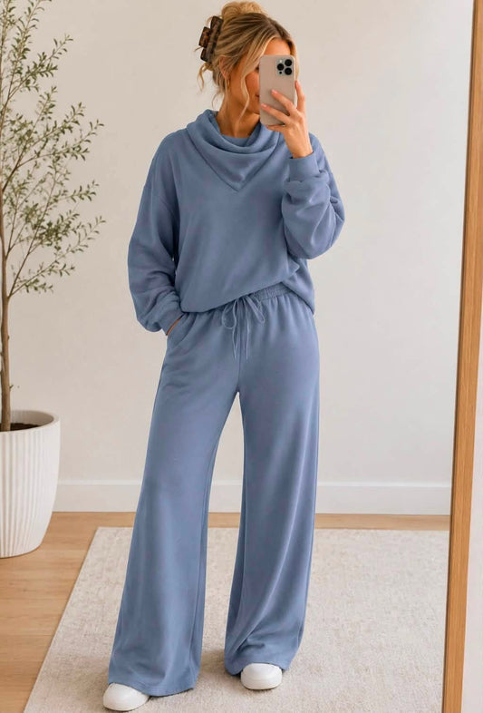 S-2XL Blue Cowl Neck Set