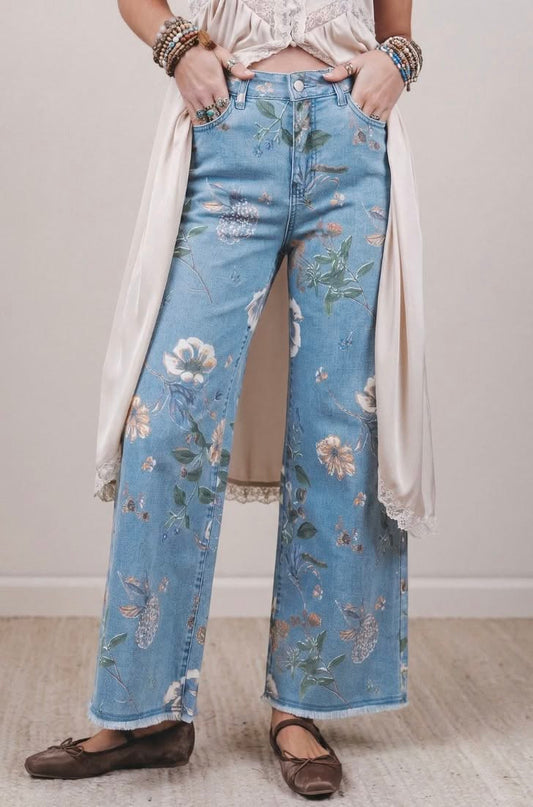 Retro Floral Frayed Hem Jeans