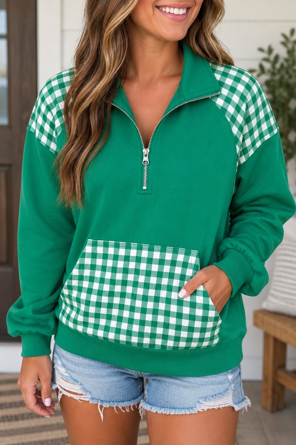 Green Patchwork Plaid Sweatshirt