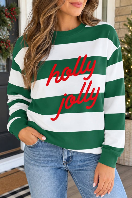 Green Striped Holly Jolly Embroidered Sweatshirt