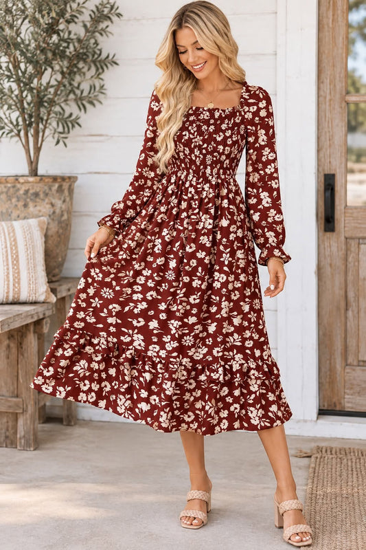 S-2XL Floral Smocked Maxi Dress