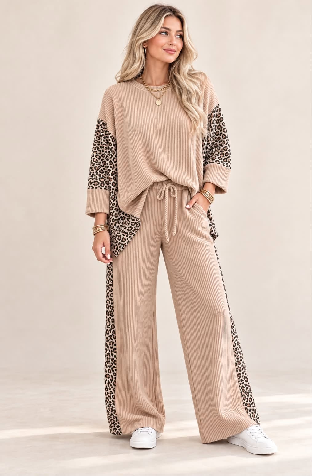 Leopard Parch Ribbed Long Pant Set