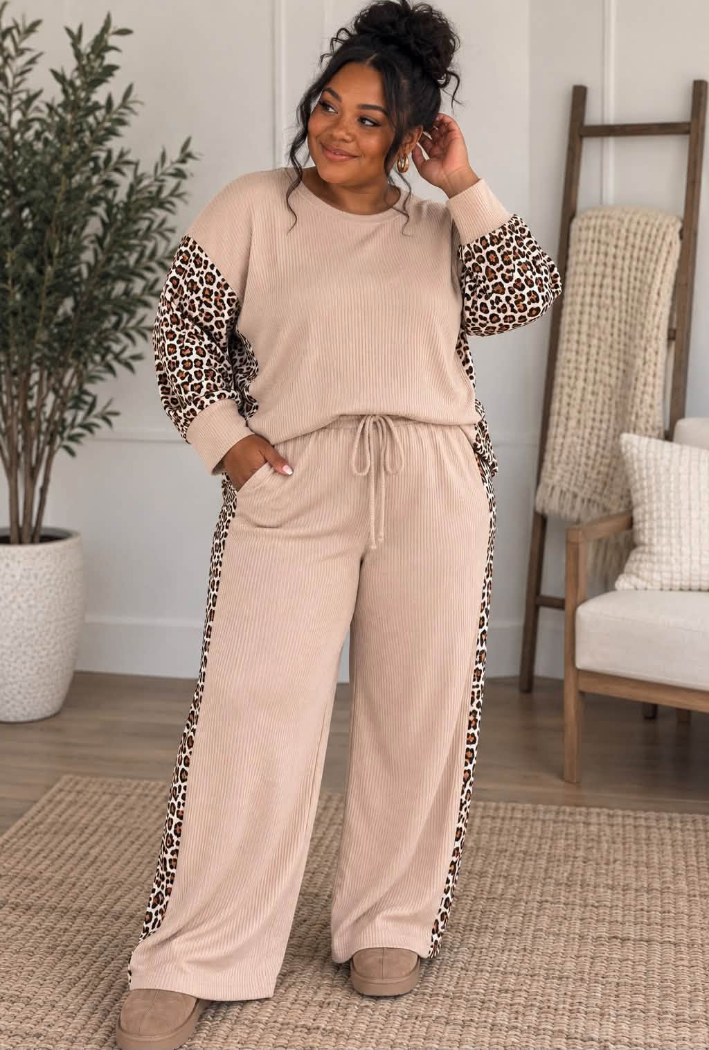 PLUS Beige Leopard Ribbed Set