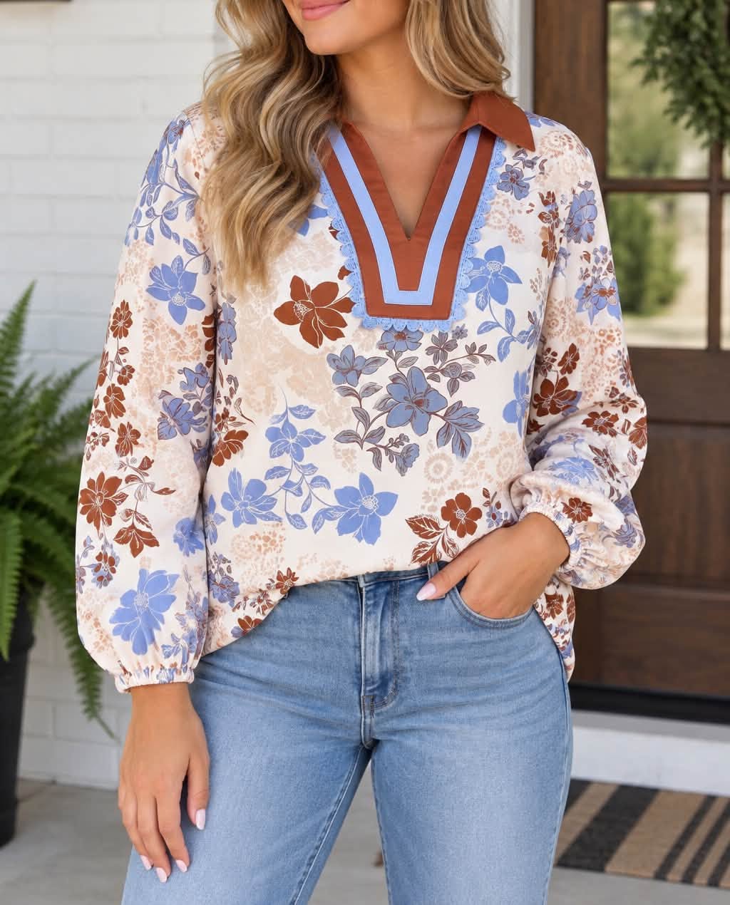 PLUS White Floral V Neck Blouse