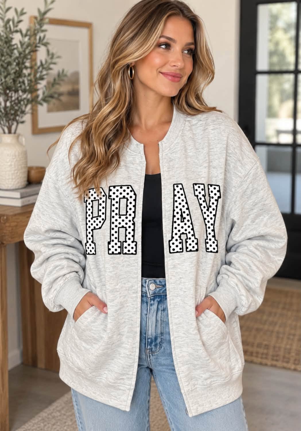 Pray Polka Dot Open Front Sweatshirt