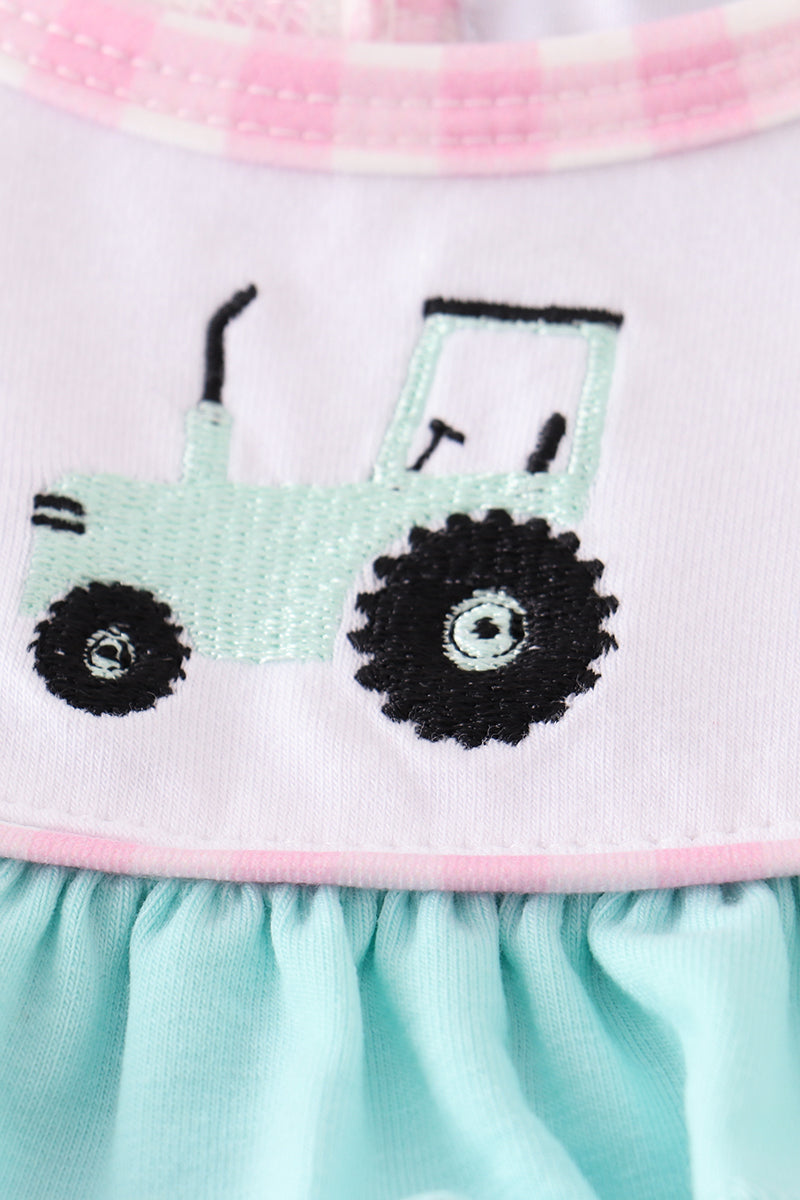 Pink Tractor Embroidery Plaid Bubble