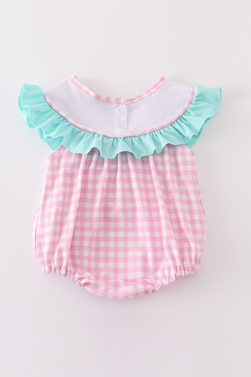 Pink Tractor Embroidery Plaid Bubble