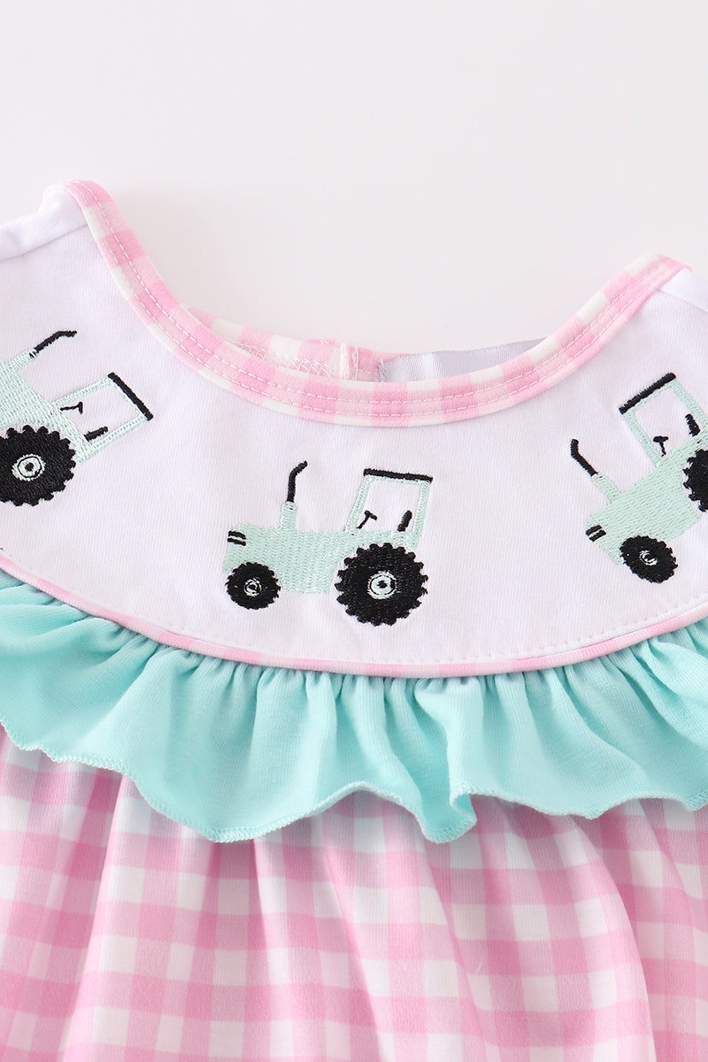 Pink Tractor Embroidery Plaid Bubble
