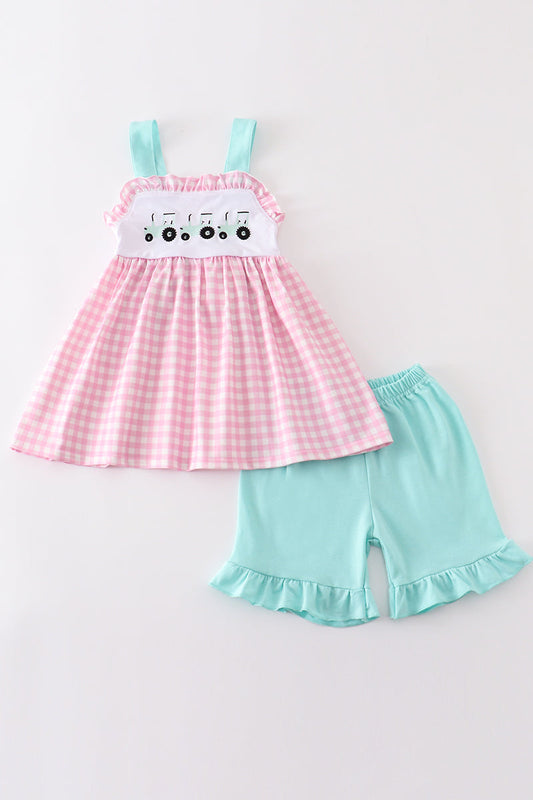 Pink Tractor Embroidery Girls Set