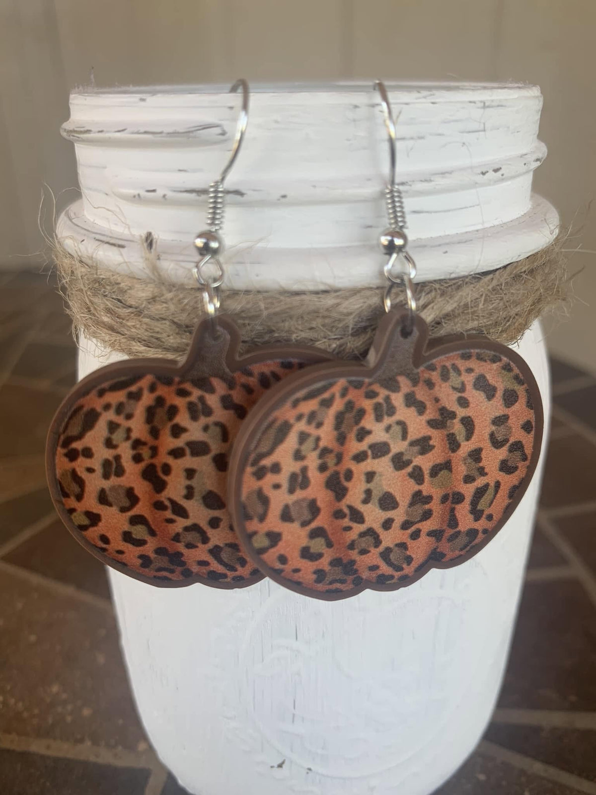 Rusty Orange Leopard Print Pumpkin Dangle Earrings