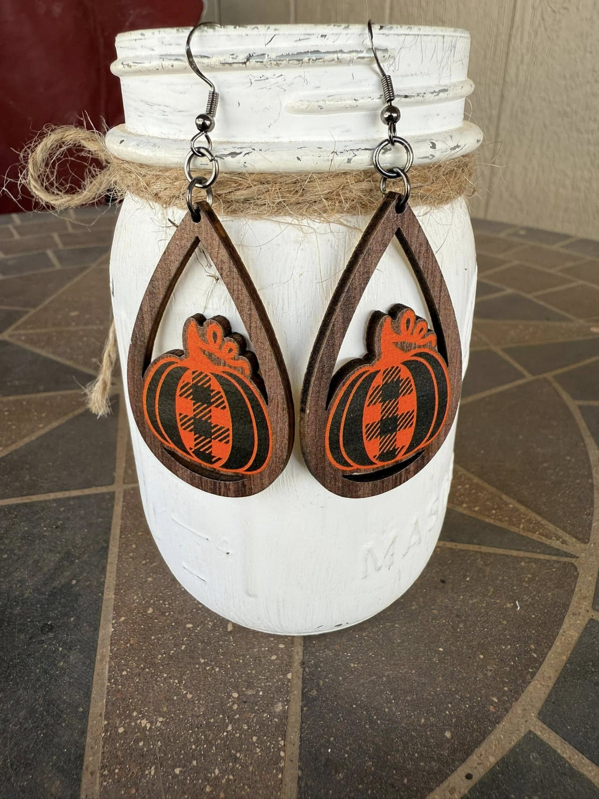 Wood Halloween Pumpkin Earrings