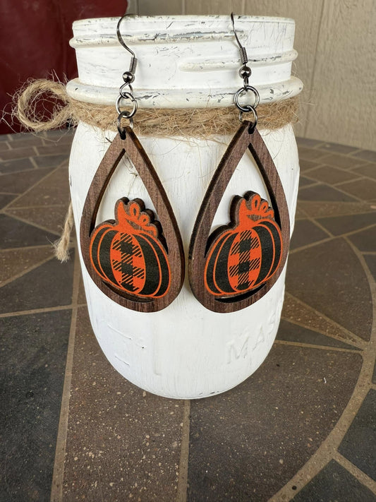 Wood Halloween Pumpkin Earrings