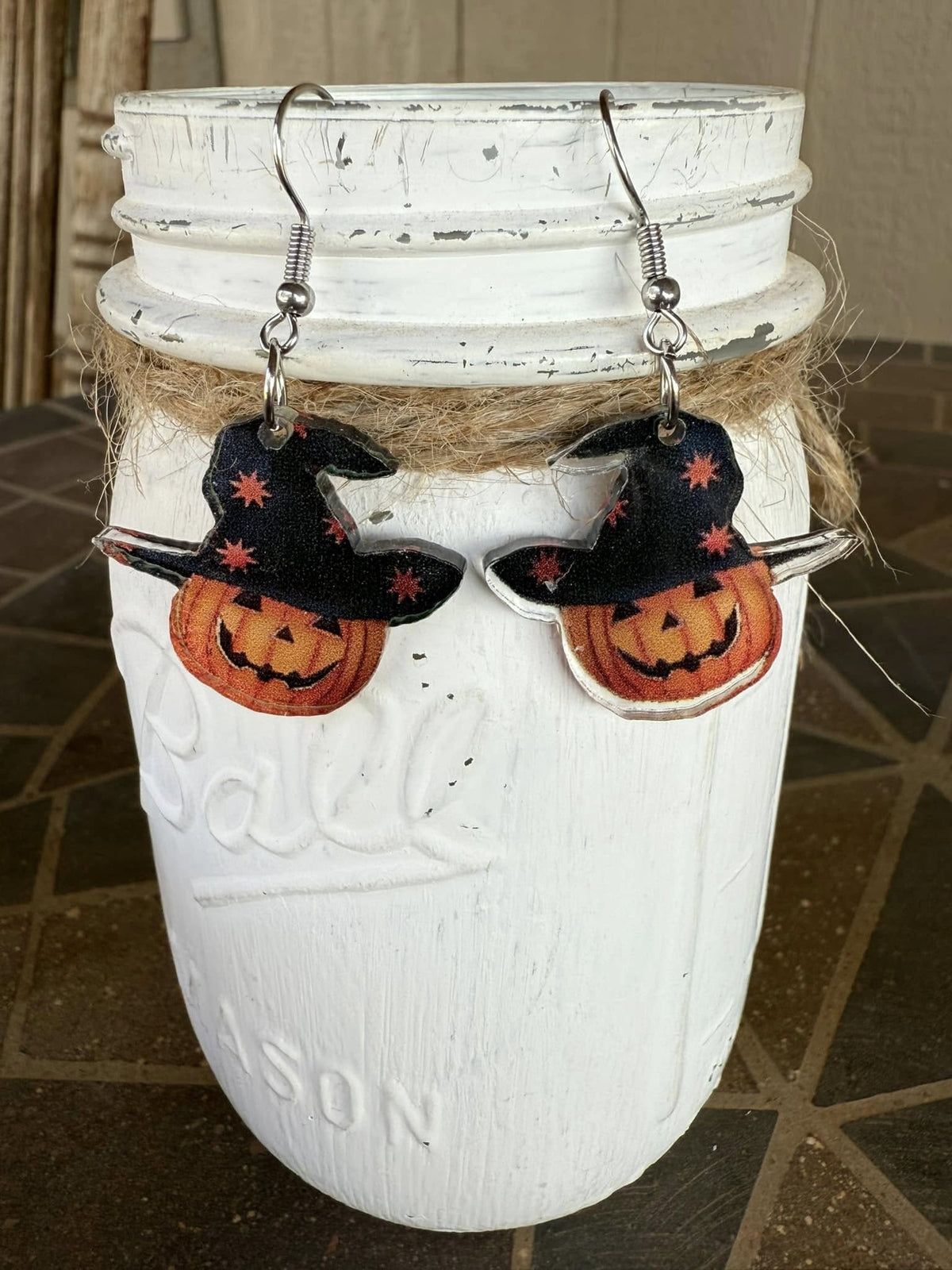 Acrylic Pumpkin with Hat Earrings