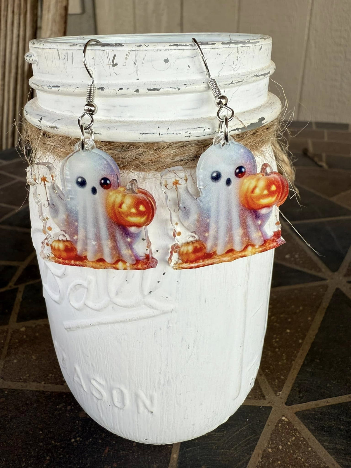 Acrylic Ghost Holding Pumpkin Earrings