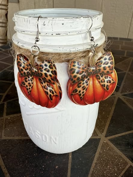 Acrylic Pumpkin with Leopard Bow Earrings